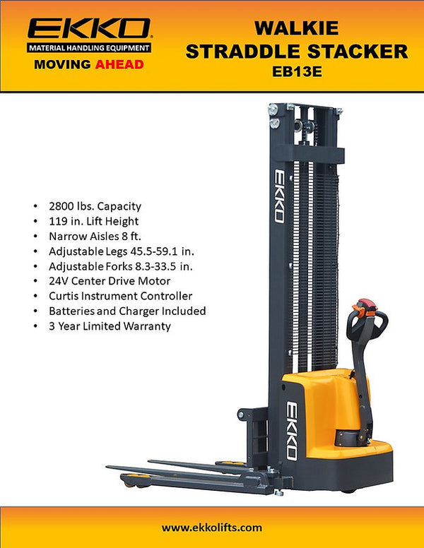 EKKO Full Powered Straddle Stacker 2800 lb Cap., 119" Height - EB13E - alternate view