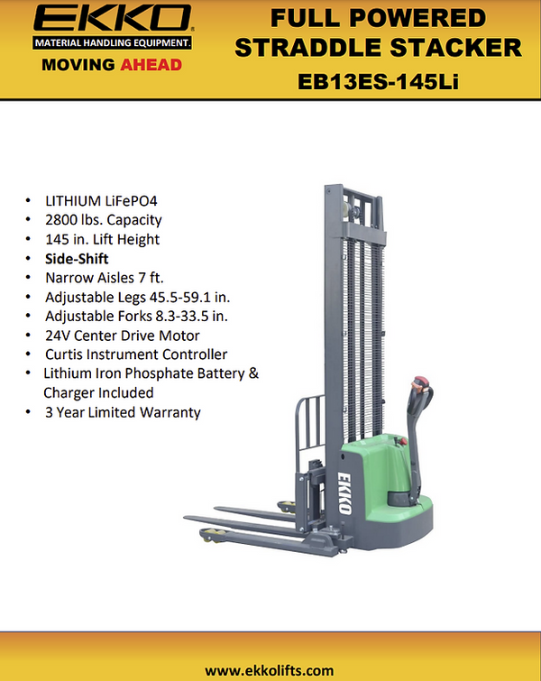 EKKO Lithium Straddle Stacker 2640 lb Cap., 145" Height, Side Shift - EB13ES-145Li - alternate view
