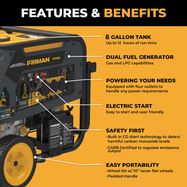 Firman Dual Fuel Portable Generator 9400W Electric Start 120/240V with CO Alert - H07553 - alternate view