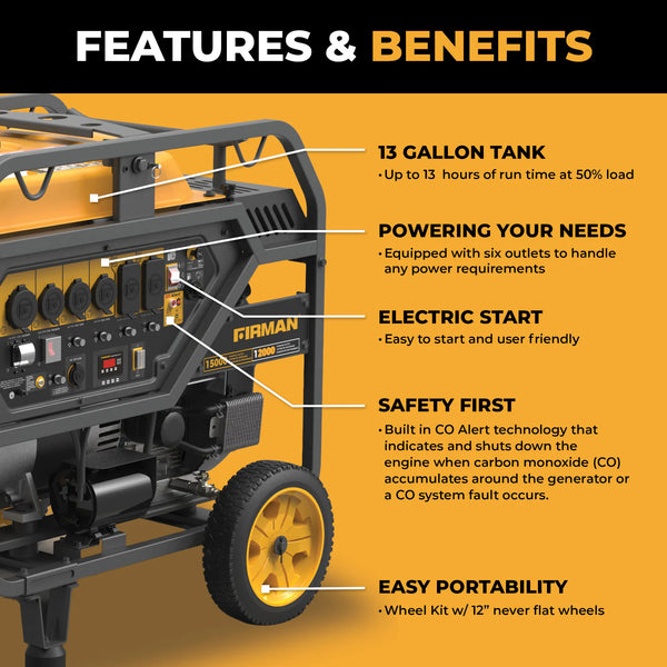 Firman Gas Portable Generator 15000W Electric Start 120/240V with CO Alert - alternate view
