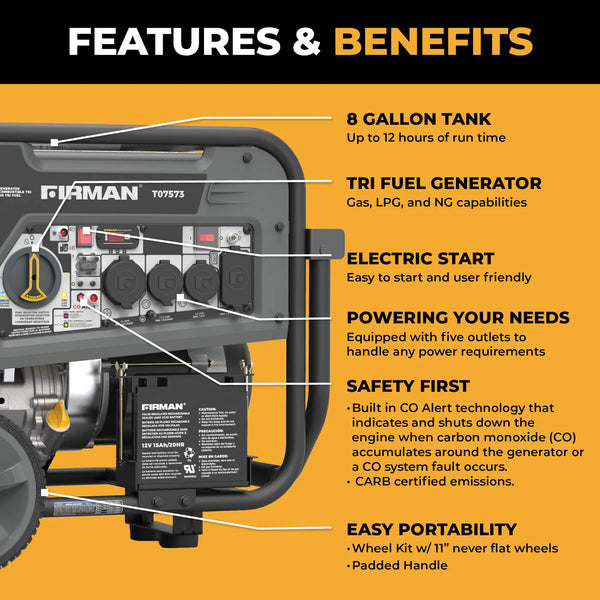 Firman Tri Fuel Portable Generator 9400W Electric Start 120/240V with CO Alert - T07573 - alternate view