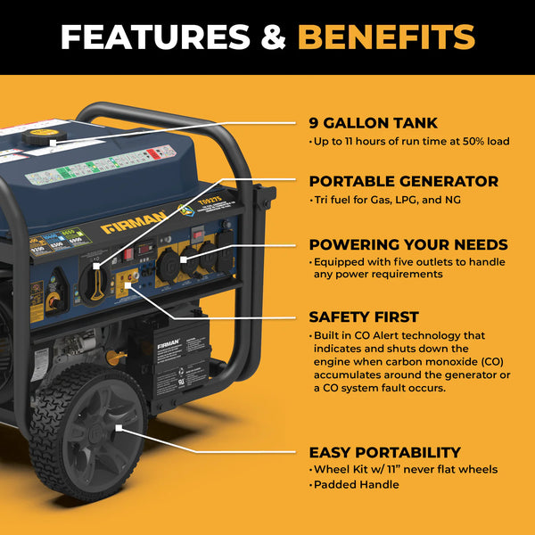 Firman Tri Fuel Portable Generator 11400W Electric Start 120V/240V with CO Alert - T09275 - alternate view