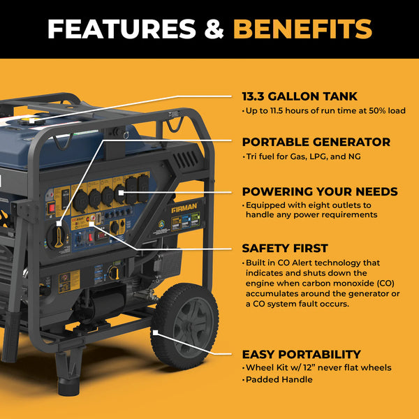 Firman Tri Fuel Portable Generator 15000W Electric Start 120/240V with CO Alert - alternate view