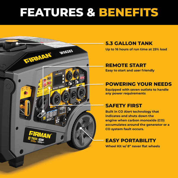 Firman Gas Inverter Portable Generator 7850/6300 Watt Remote Start 120/240V CO Alert - W06383 - alternate view